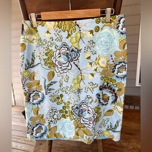 Talbots Pencil Skirt Roses Floral Pattern in Blue Green Petites Lined Size 10P